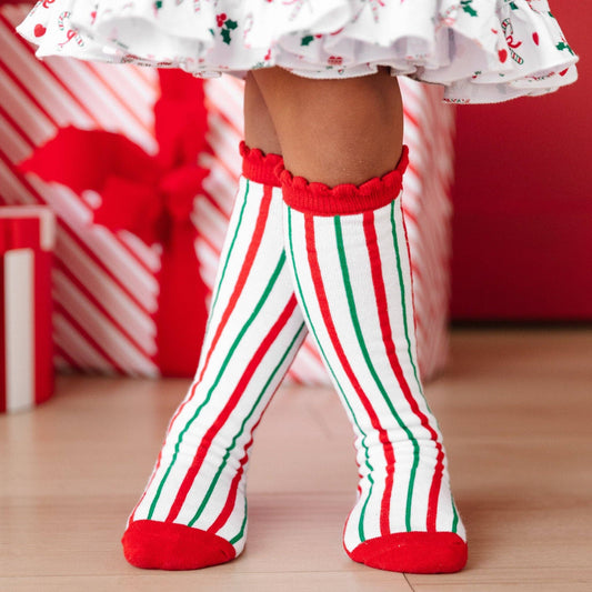 Candy Cane Striped Scalloped Knee High Socks: 1.5-3 YEARS