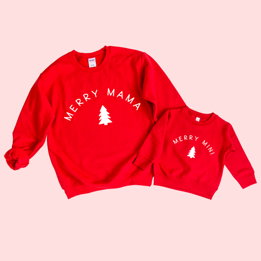 Merry Mama and Merry Mini Set Christmas Sweatshirt Set: White / Red / 2T